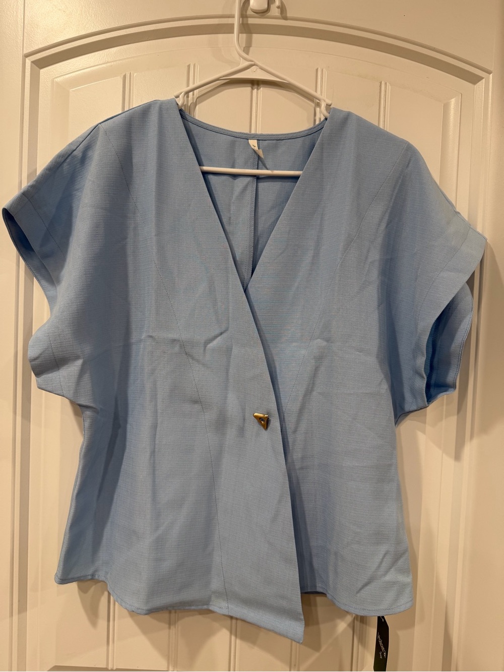 HALARA Light Blue V-Neck Draped Blouse with Gold Button